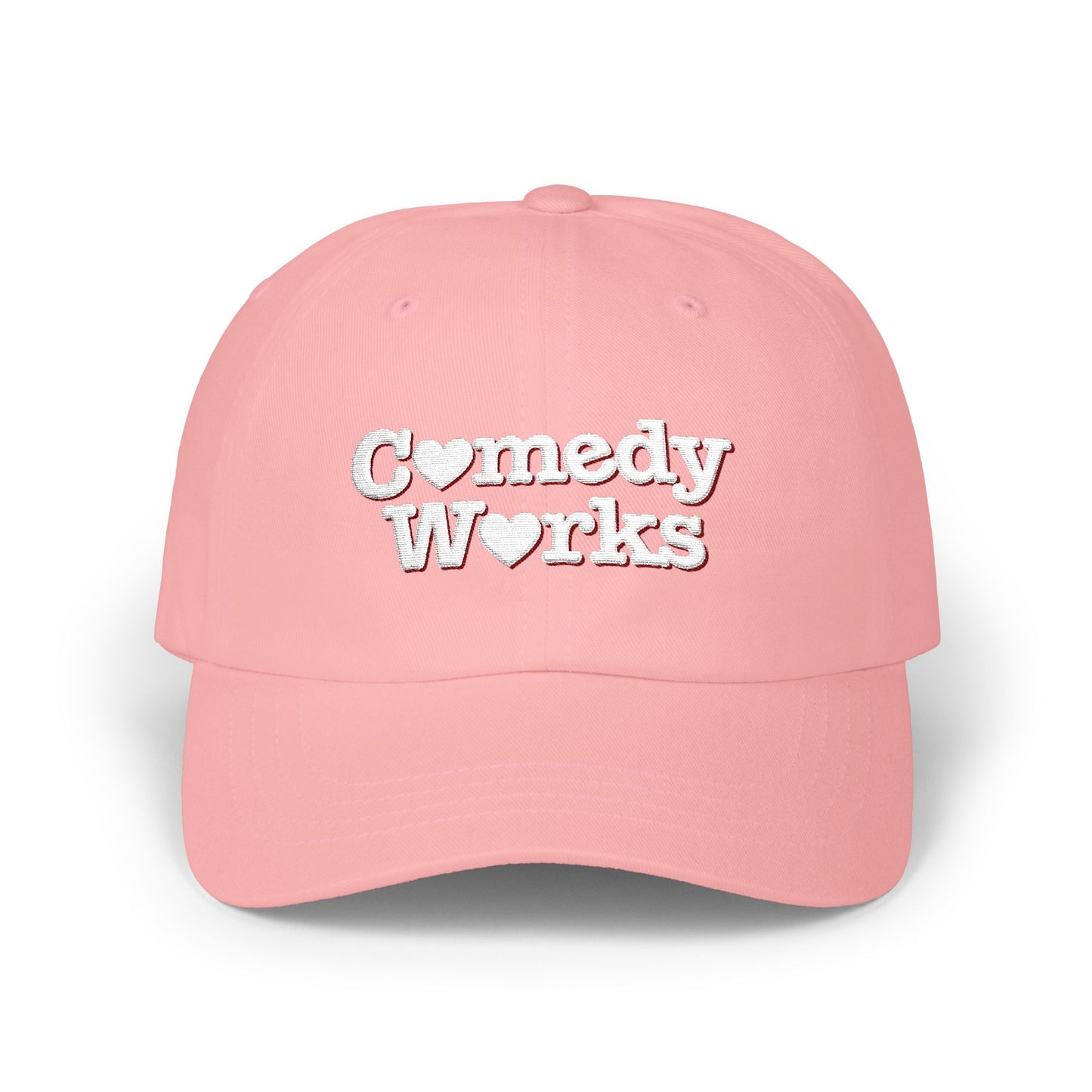 Comedy Works Embroidered Valentine’s White Stacked Logo Ball Cap