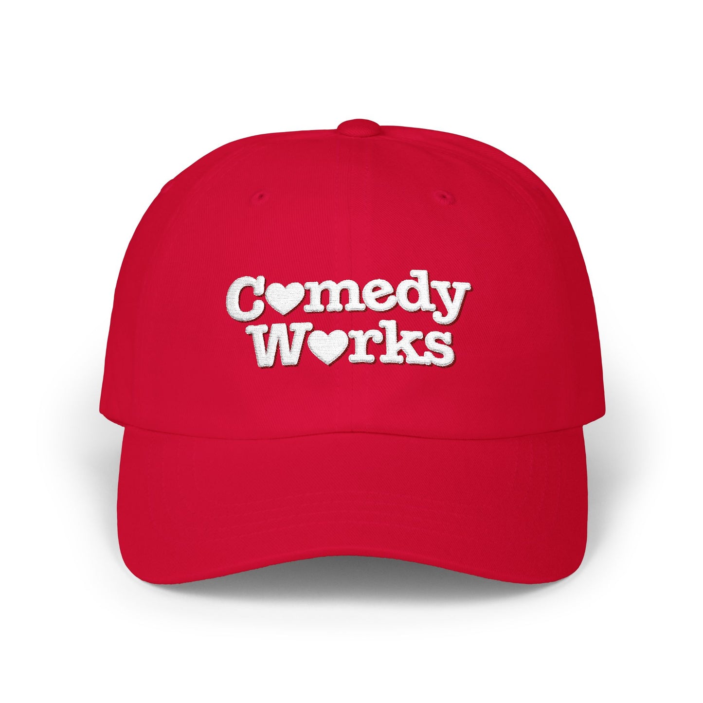 Comedy Works Embroidered Valentine’s White Stacked Logo Ball Cap