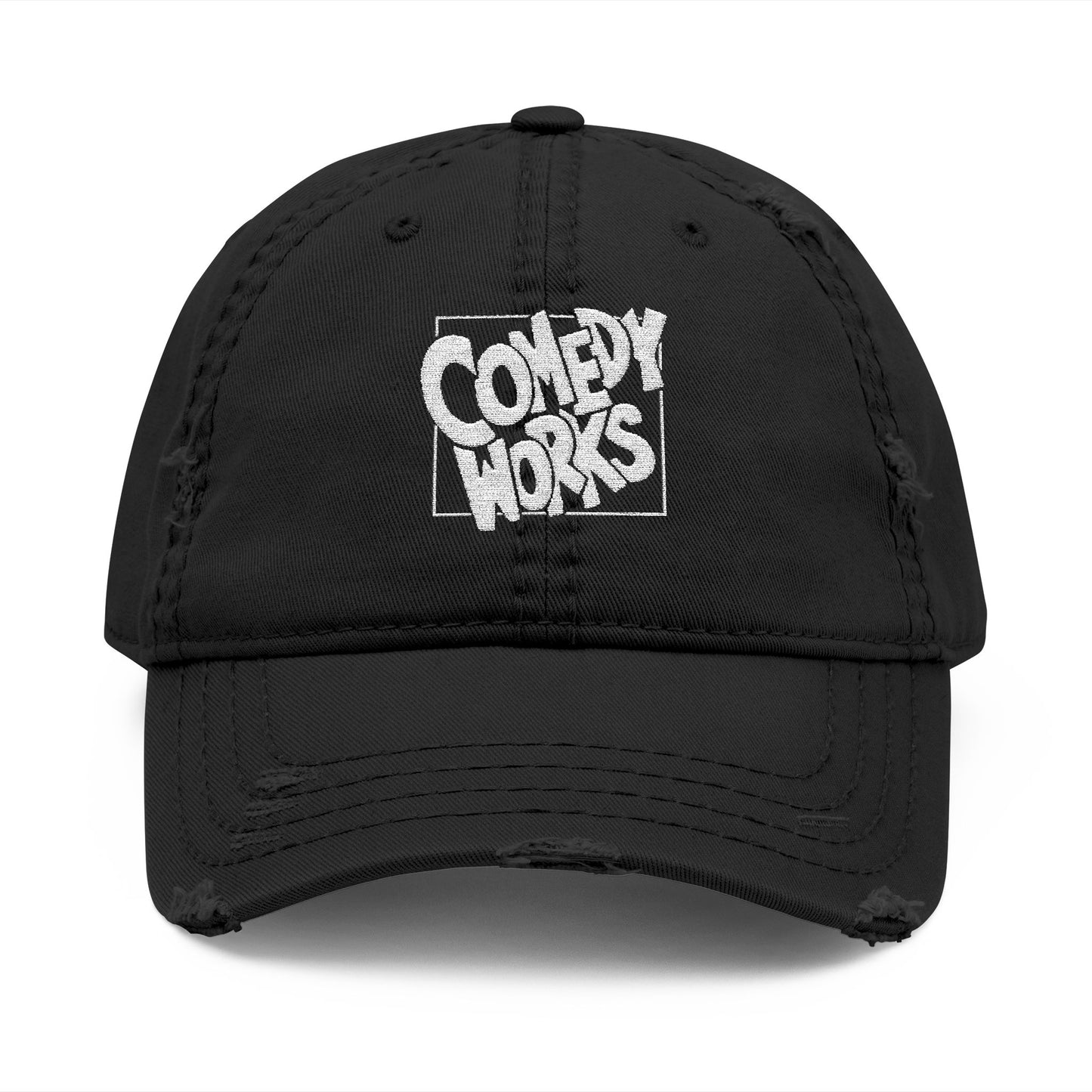 Comedy Works Embroidered White Original Logo Distressed Ball Cap