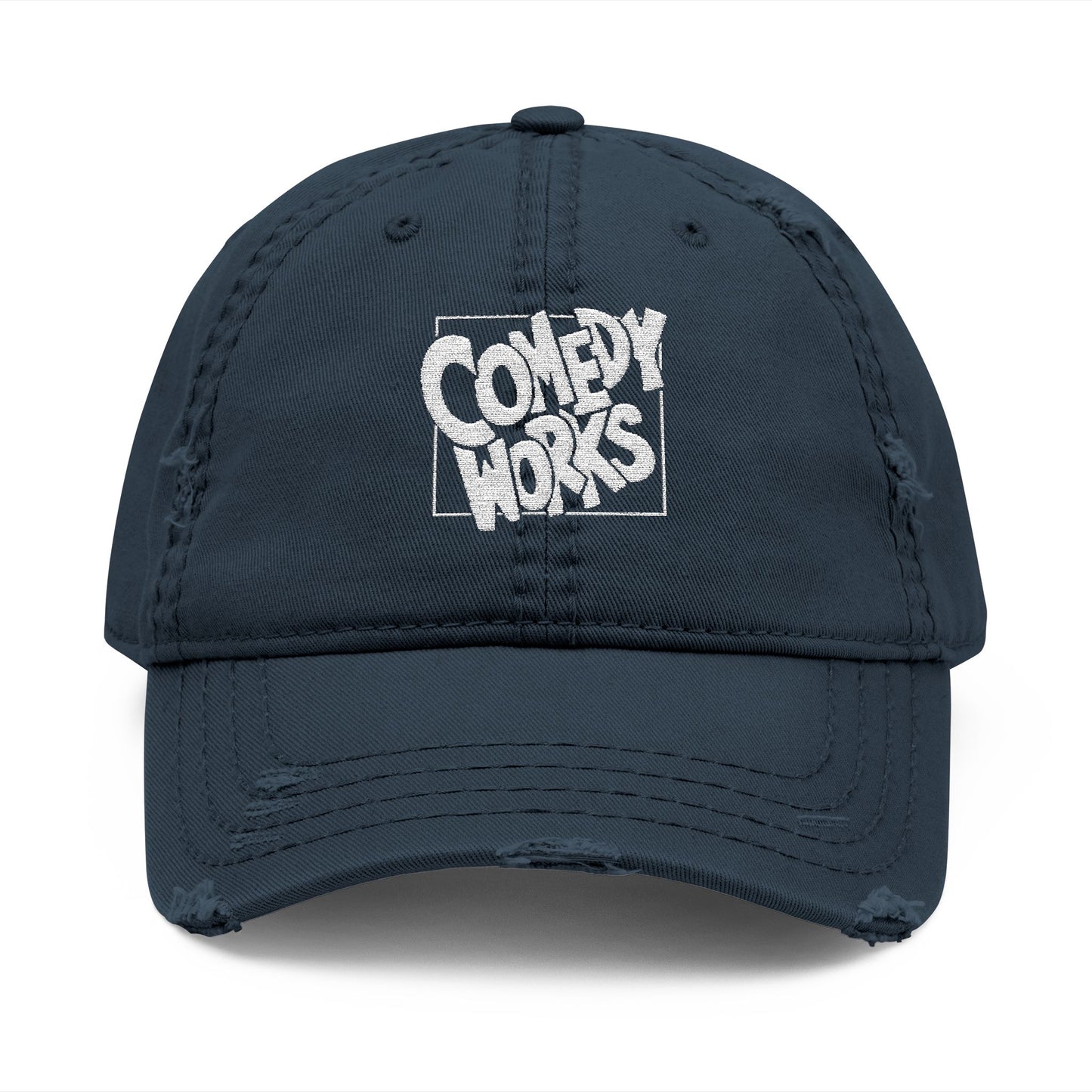 Comedy Works Embroidered White Original Logo Distressed Ball Cap
