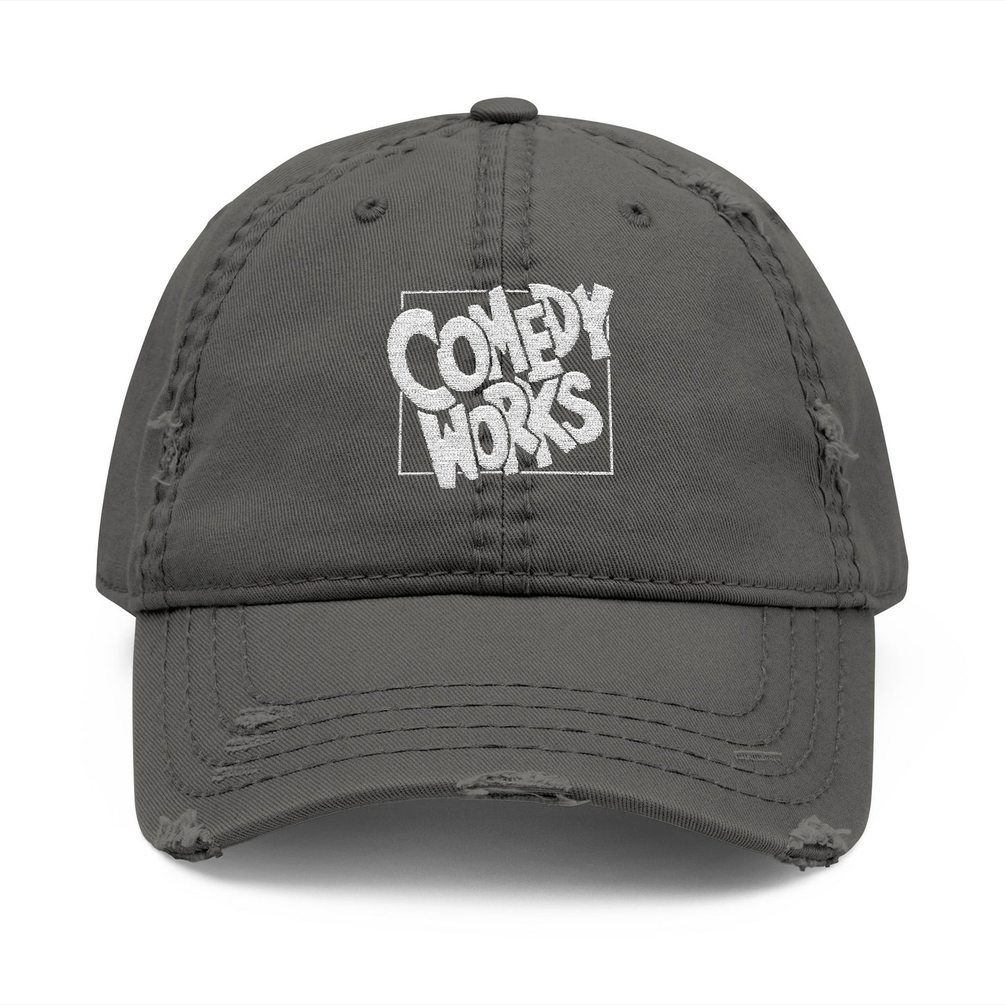 Comedy Works Embroidered White Original Logo Distressed Ball Cap