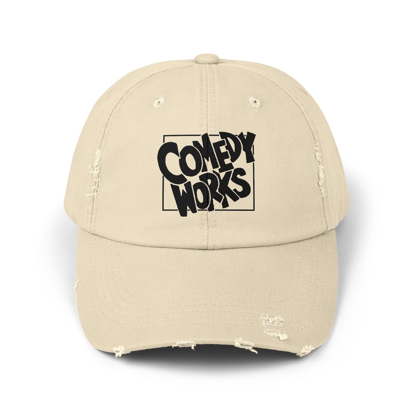 Comedy Works Embroidered Black Original Logo Distressed Ball Cap
