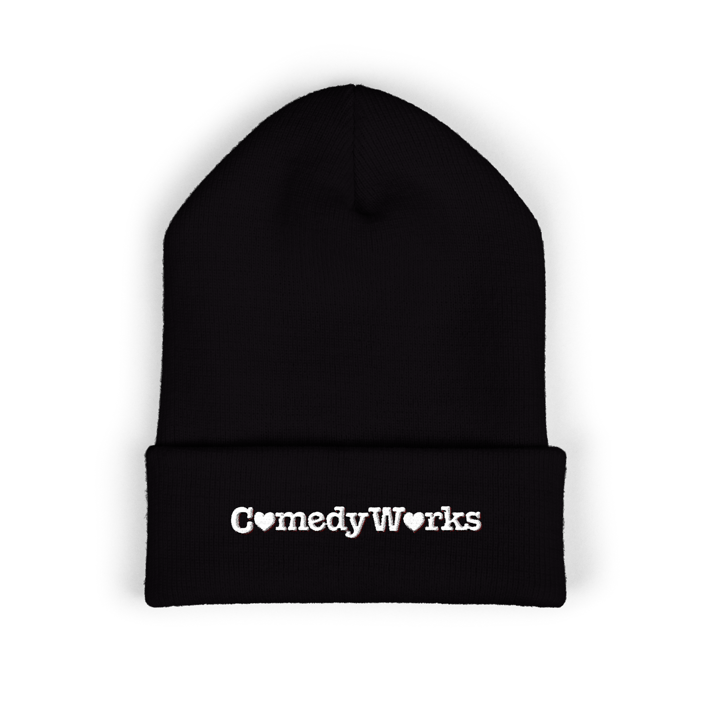 Comedy Works Embroidered Valentine’s White Logo Beanie