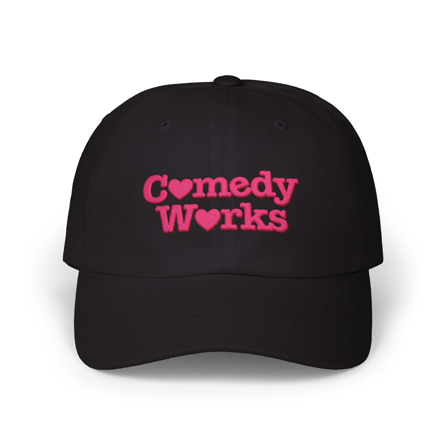 Comedy Works Embroidered Valentine’s Pink Stacked Logo Ball Cap