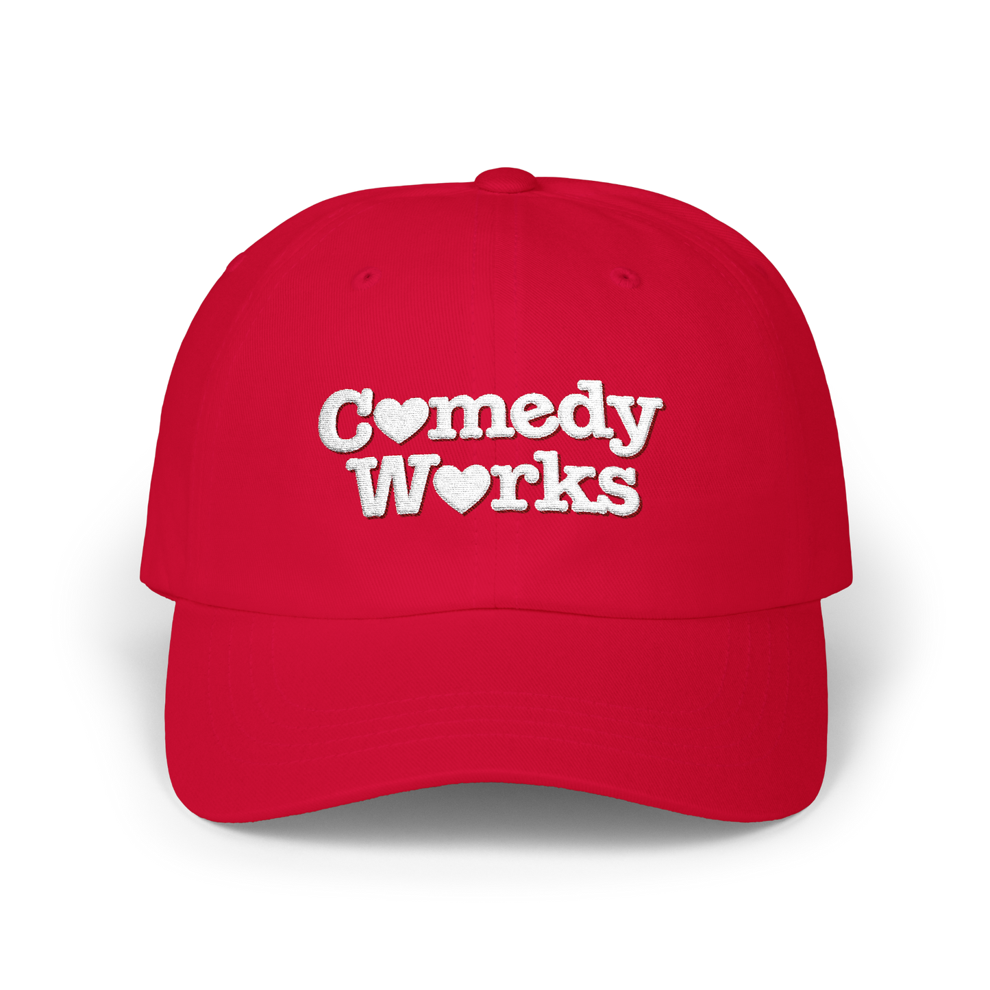 Comedy Works Embroidered Valentine’s White Stacked Logo Ball Cap