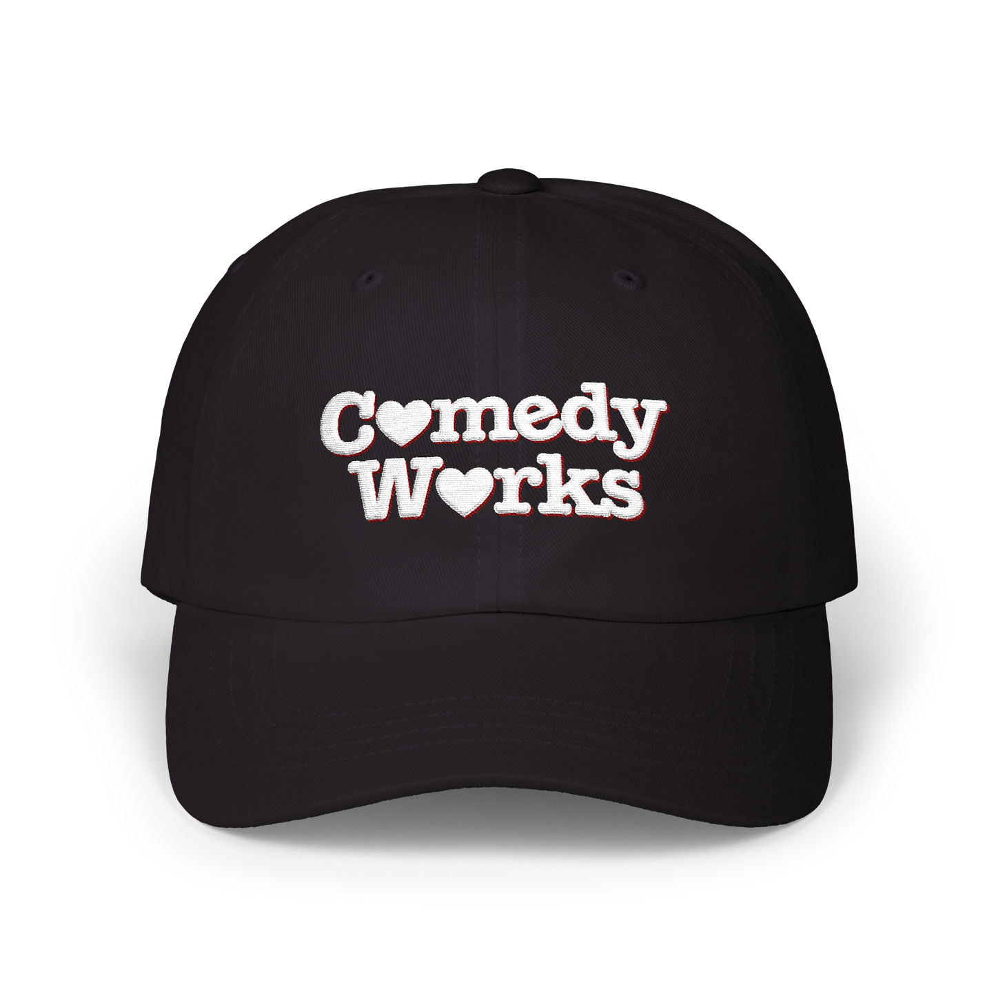 Comedy Works Embroidered Valentine’s White Stacked Logo Ball Cap