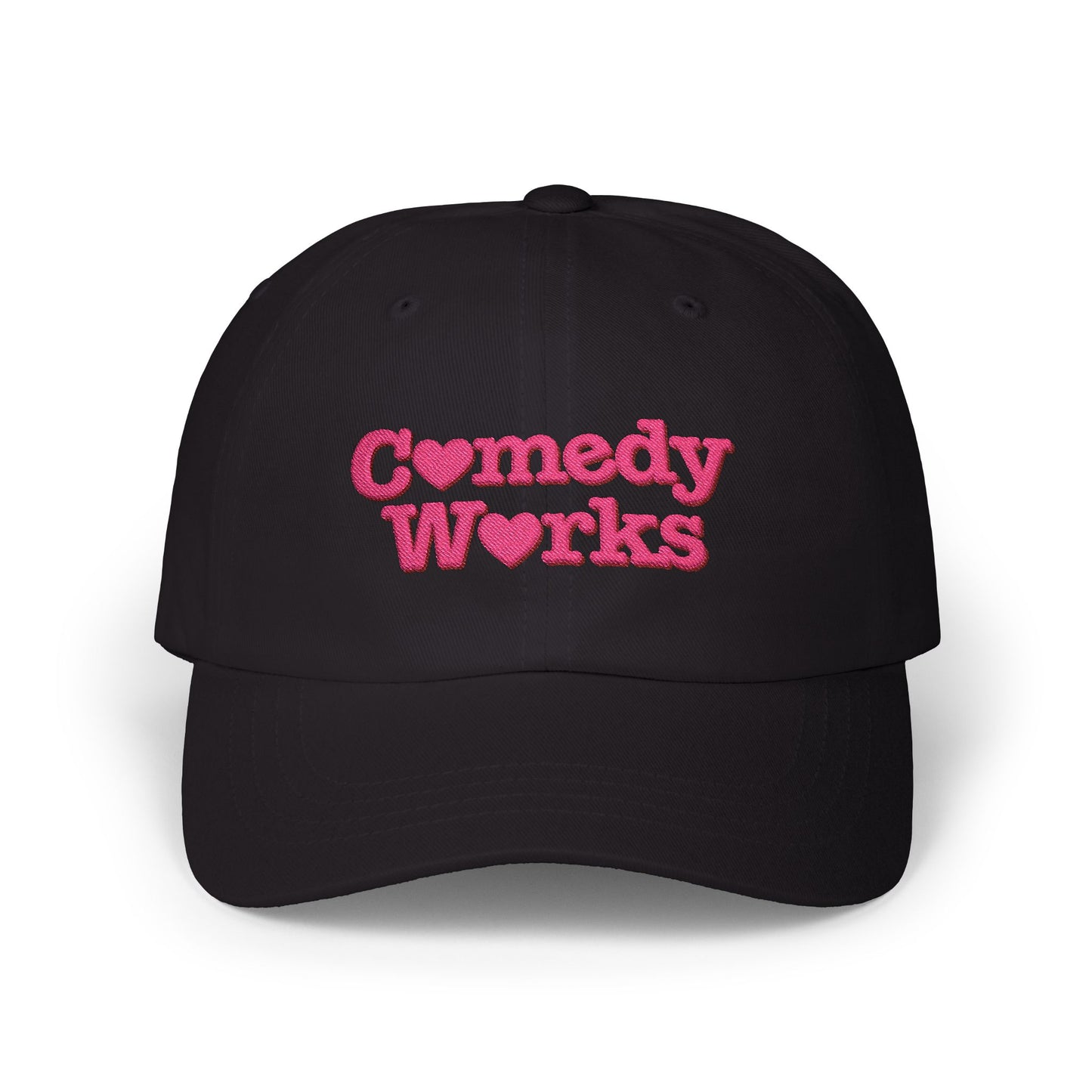 Comedy Works Embroidered Valentine’s Pink Stacked Logo Ball Cap