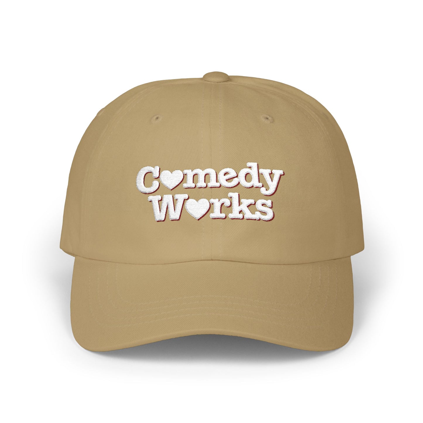 Comedy Works Embroidered Valentine’s White Stacked Logo Ball Cap