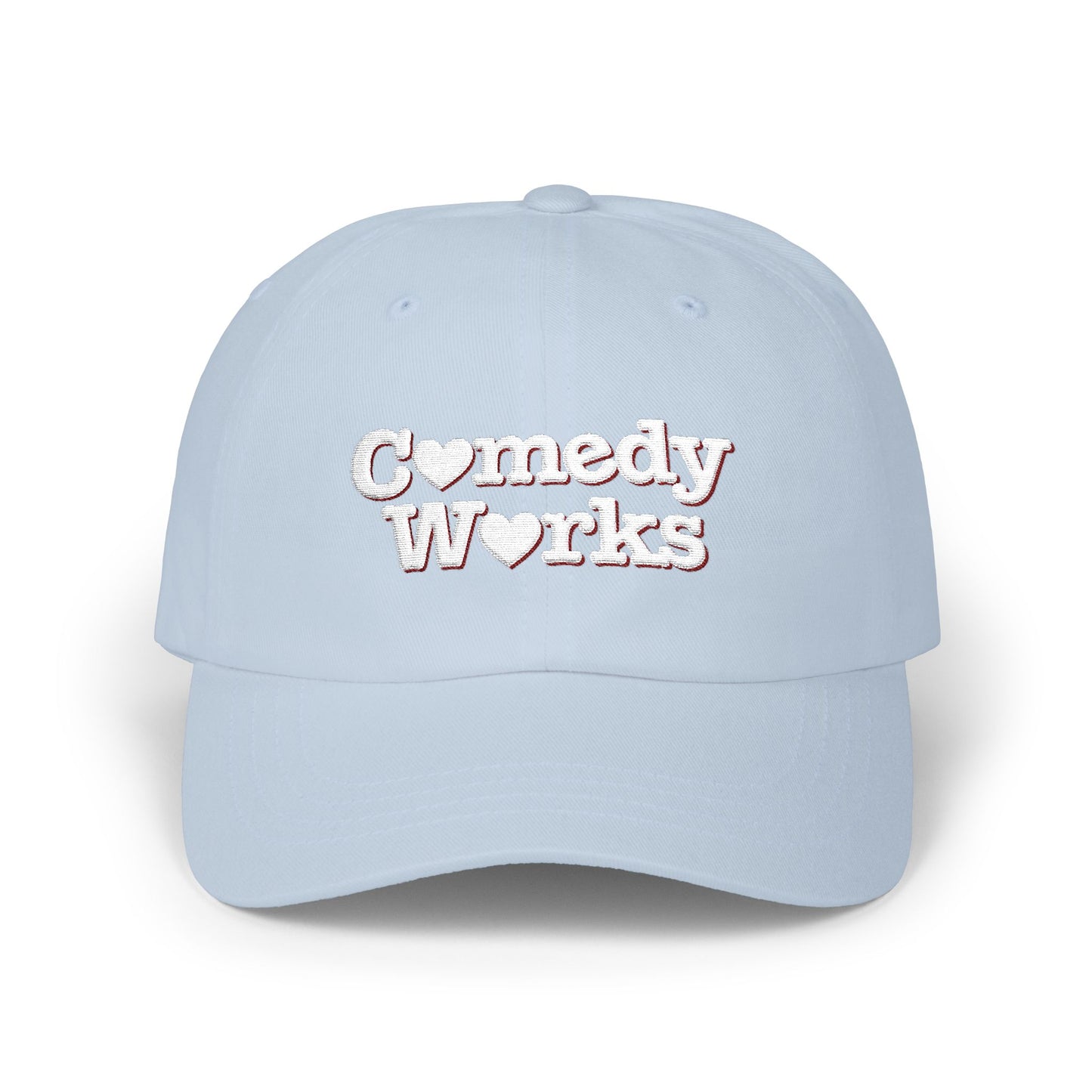 Comedy Works Embroidered Valentine’s White Stacked Logo Ball Cap