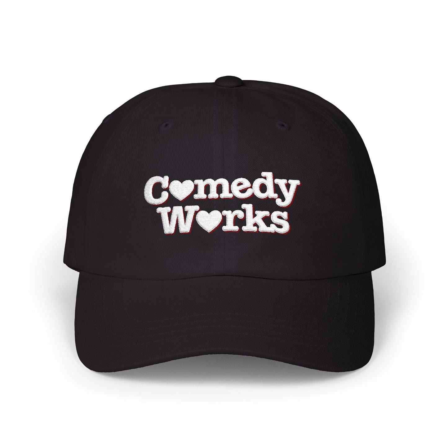 Comedy Works Embroidered Valentine’s White Stacked Logo Ball Cap