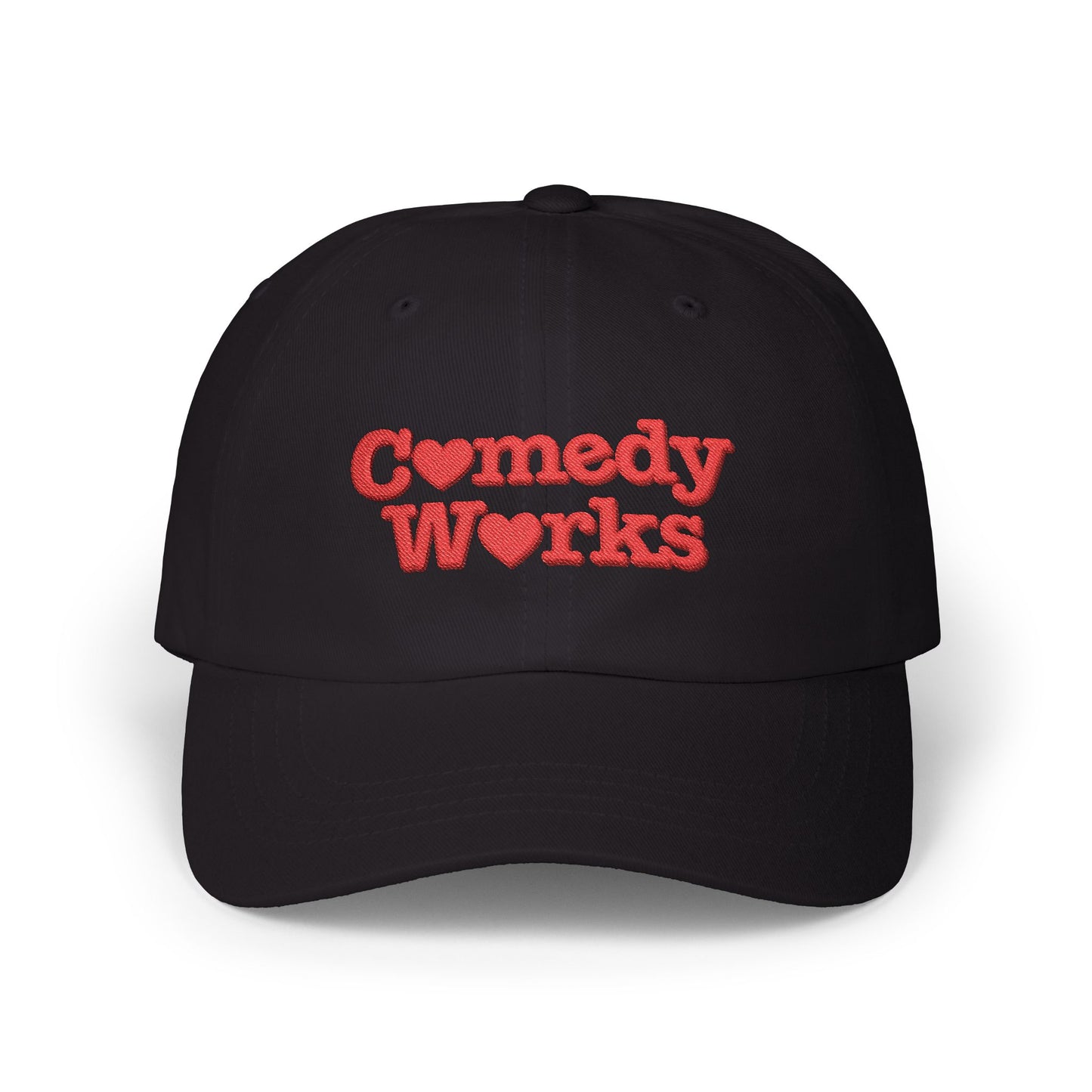 Comedy Works Embroidered Valentine’s Red Stacked Logo Ball Cap