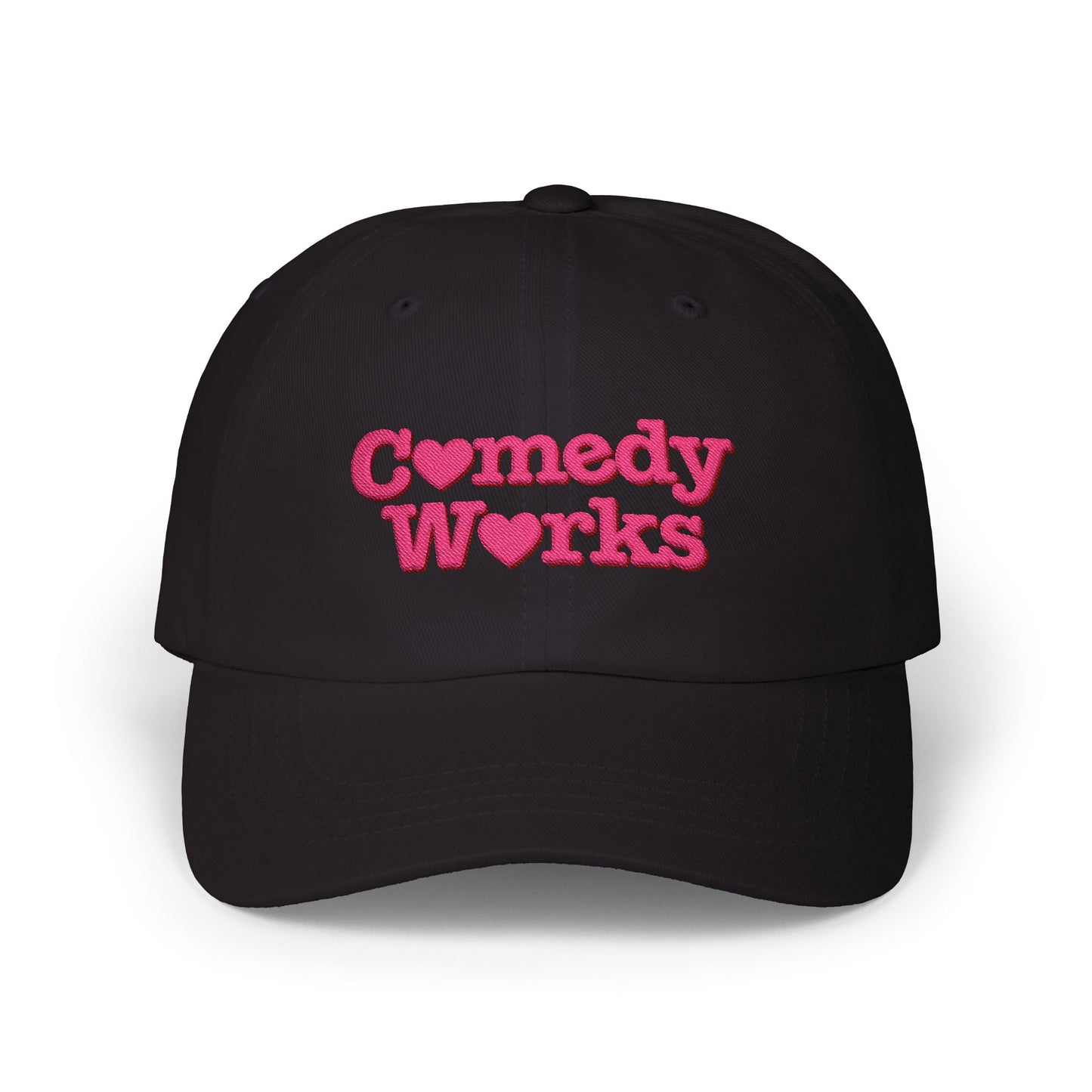 Comedy Works Embroidered Valentine’s Pink Stacked Logo Ball Cap