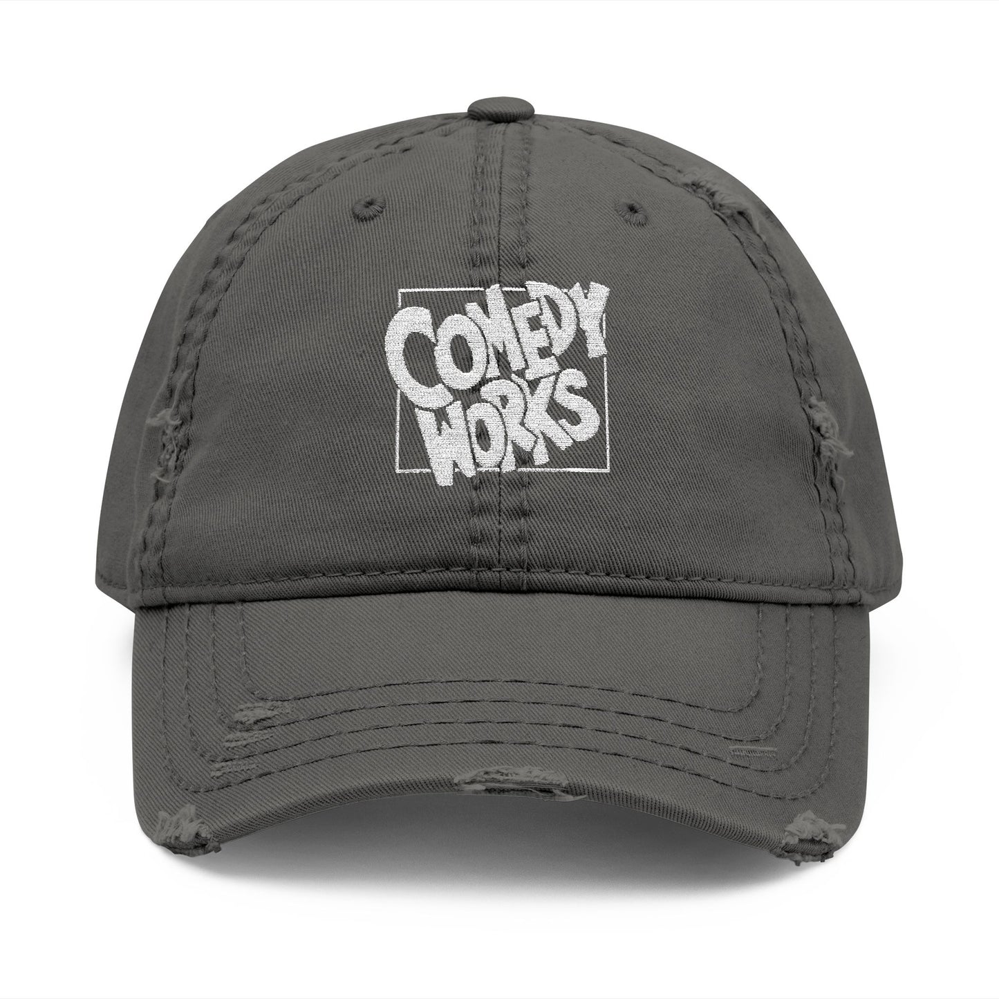 Comedy Works Embroidered White Original Logo Distressed Ball Cap