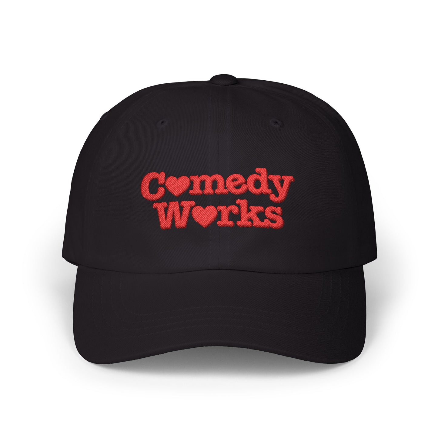 Comedy Works Embroidered Valentine’s Black Stacked Logo Ball Cap